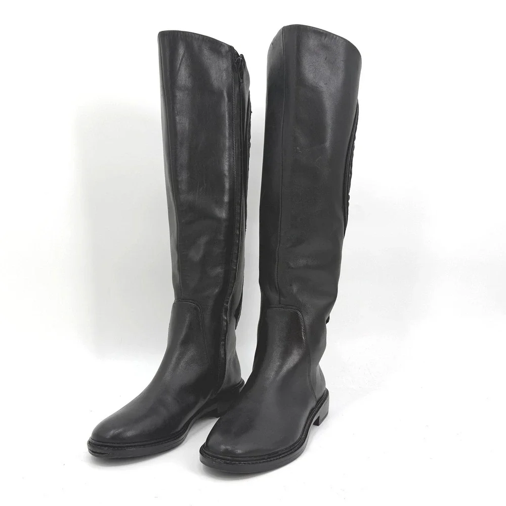 Gianni Bini 5.5M Tall Riding Boots Black Leather Embroidered Floral Side Zipper